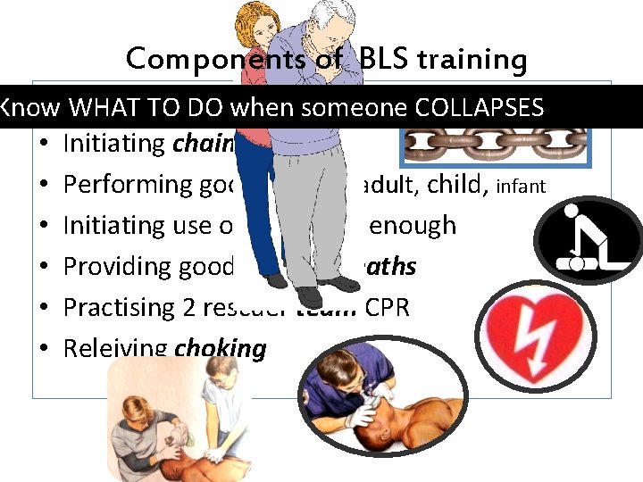 Components of BLS training Know WHAT TO DO when someone COLLAPSES • Initiating chain
