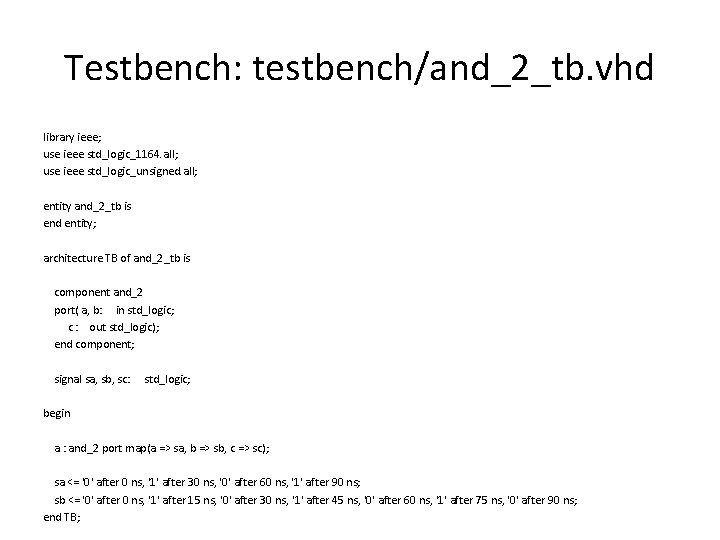 Testbench: testbench/and_2_tb. vhd library ieee; use ieee. std_logic_1164. all; use ieee. std_logic_unsigned. all; entity