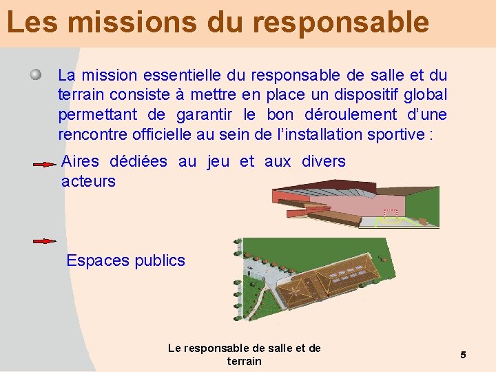 Les missions du responsable La mission essentielle du responsable de salle et du terrain
