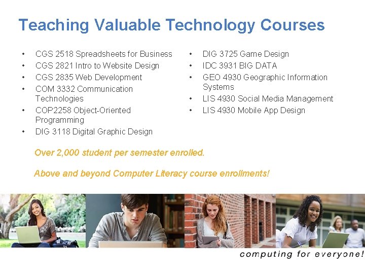 Teaching Valuable Technology Courses • • • CGS 2518 Spreadsheets for Business CGS 2821