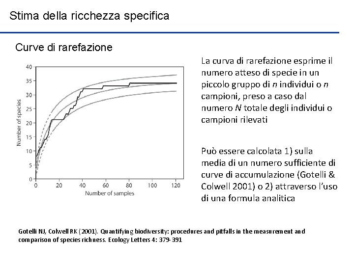 Stima della ricchezza specifica Curve di rarefazione La curva di rarefazione esprime il numero