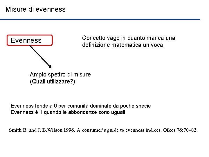 Misure di evenness Evenness Concetto vago in quanto manca una definizione matematica univoca Ampio