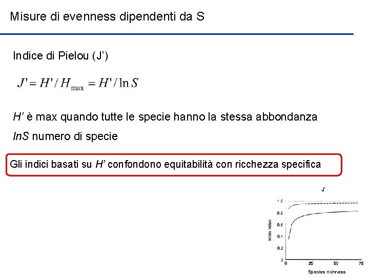 Misure di evenness dipendenti da S Indice di Pielou (J’) H’ è max quando