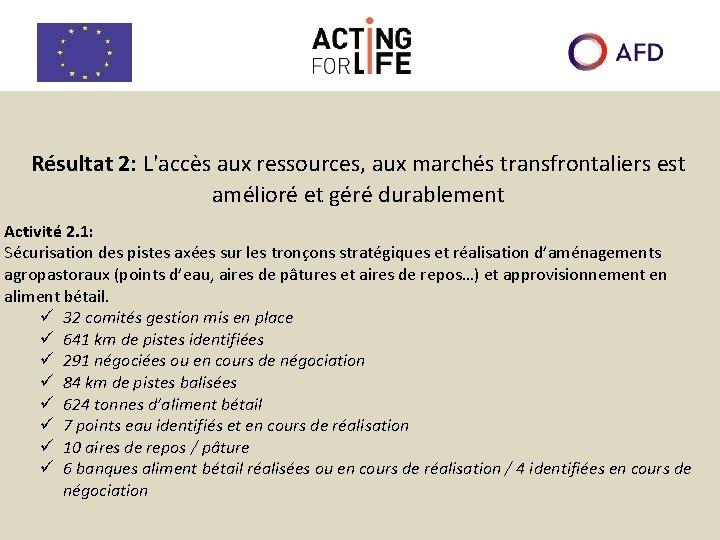 Résultat 2: L'accès aux ressources, aux marchés transfrontaliers est amélioré et géré durablement Activité