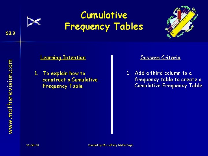 Cumulative Frequency Tables www. mathsrevision. com S 3. 3 Learning Intention Success Criteria 1.