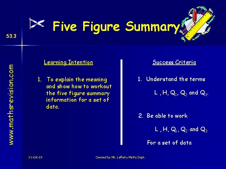 Five Figure Summary www. mathsrevision. com S 3. 3 Learning Intention Success Criteria 1.