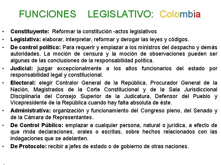 FUNCIONES • • LEGISLATIVO: Colombia Constituyente: Reformar la constitución -actos legislativos Legislativa: elaborar, interpretar,