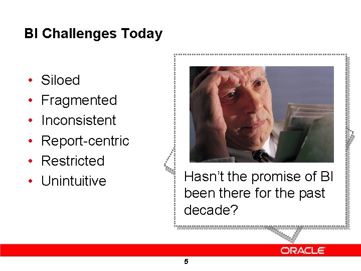 BI Challenges Today • • • Siloed Fragmented Inconsistent Report-centric Restricted Unintuitive Hasn’t the