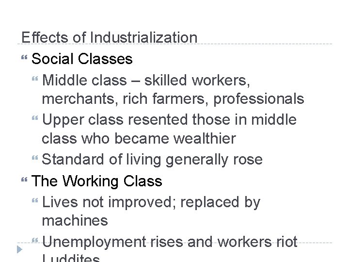 Effects of Industrialization Social Classes Middle class – skilled workers, merchants, rich farmers, professionals