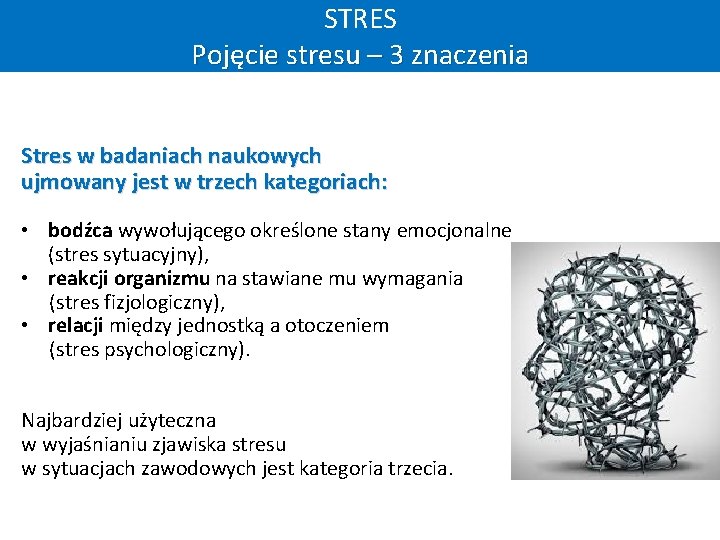 STRES Pojęcie stresu – 3 znaczenia Stres w badaniach naukowych ujmowany jest w trzech