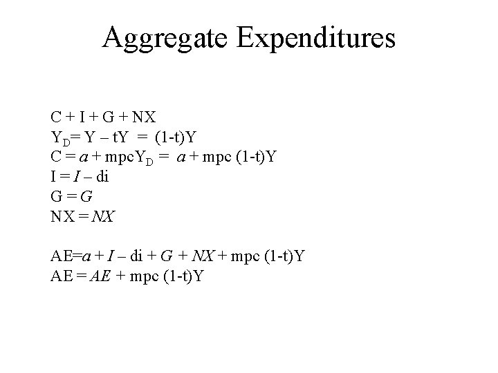 Aggregate Expenditures C + I + G + NX YD= Y – t. Y