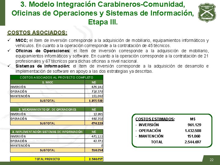 3. Modelo Integración Carabineros-Comunidad, Oficinas de Operaciones y Sistemas de Información, Etapa III. COSTOS