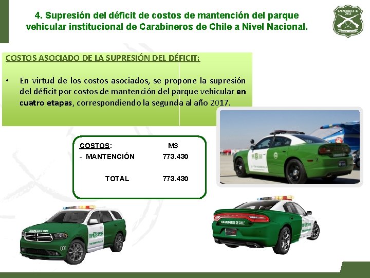 4. Supresión del déficit de costos de mantención del parque vehicular institucional de Carabineros