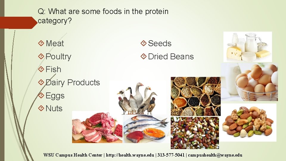 Q: What are some foods in the protein category? Meat Seeds Poultry Dried Beans Q: What are some foods in the protein category? Meat Seeds Poultry Dried Beans