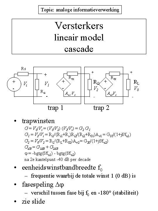 Topic: analoge informatieverwerking Versterkers lineair model cascade Rs + + + - Vi V