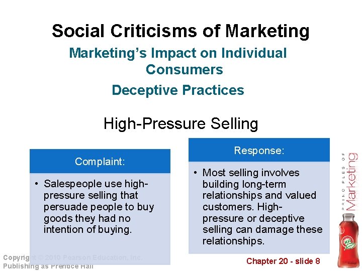 Social Criticisms of Marketing’s Impact on Individual Consumers Deceptive Practices High-Pressure Selling Complaint: •