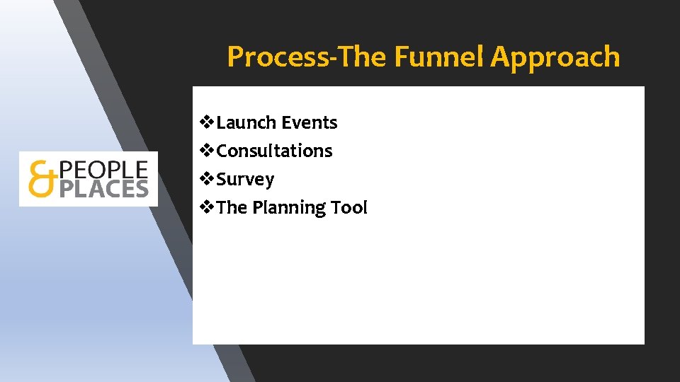 Process-The Funnel Approach v. Launch Events v. Consultations v. Survey v. The Planning Tool