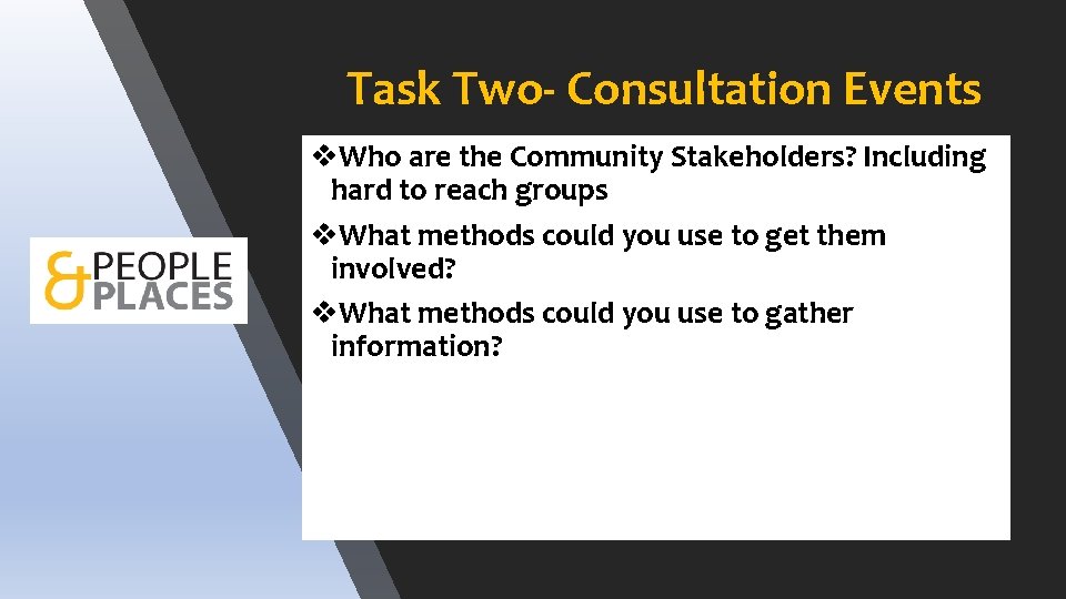 Task Two- Consultation Events v. Who are the Community Stakeholders? Including hard to reach