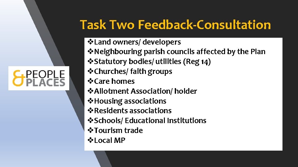 Task Two Feedback-Consultation v. Land owners/ developers v. Neighbouring parish councils affected by the