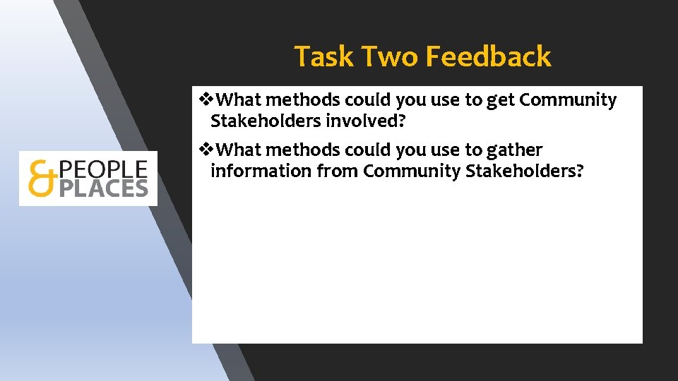 Task Two Feedback v. What methods could you use to get Community Stakeholders involved?