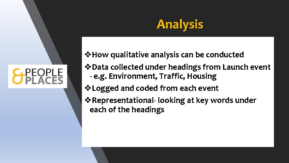 Analysis v. How qualitative analysis can be conducted v. Data collected under headings from