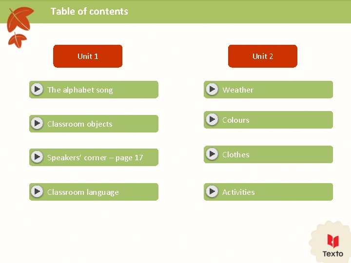 Table of contents Unit 1 Unit 2 The alphabet song Weather Classroom objects Colours