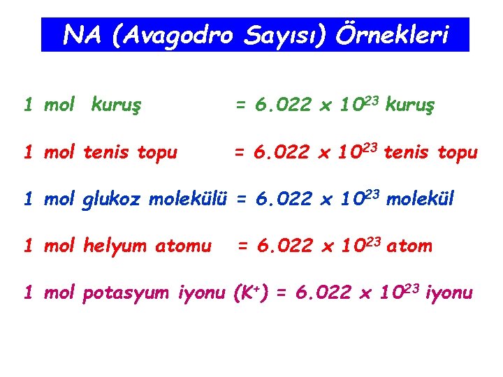 NA (Avagodro Sayısı) Örnekleri 1 mol kuruş = 6. 022 x 1023 kuruş 1