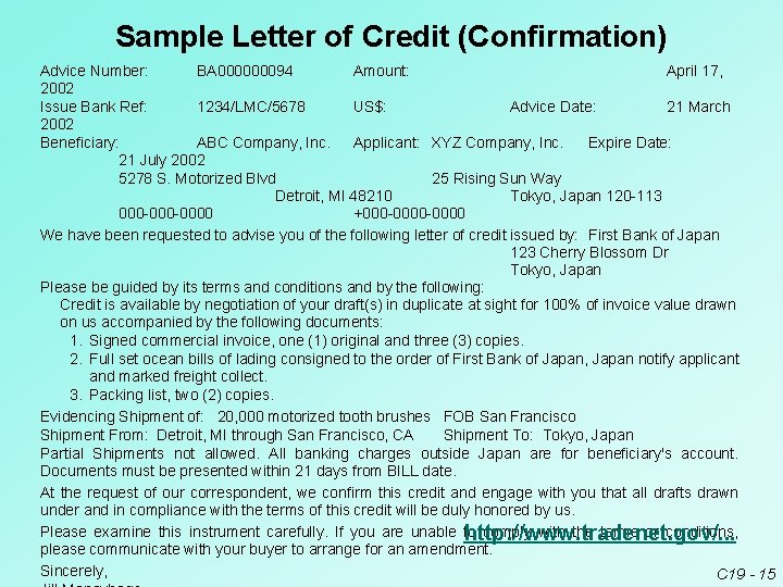 Sample Letter of Credit (Confirmation) Advice Number: BA 000000094 Amount: April 17, 2002 Issue