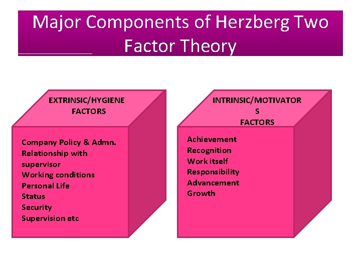 Major Components of Herzberg Two Factor Theory EXTRINSIC/HYGIENE FACTORS Company Policy & Admn. Relationship