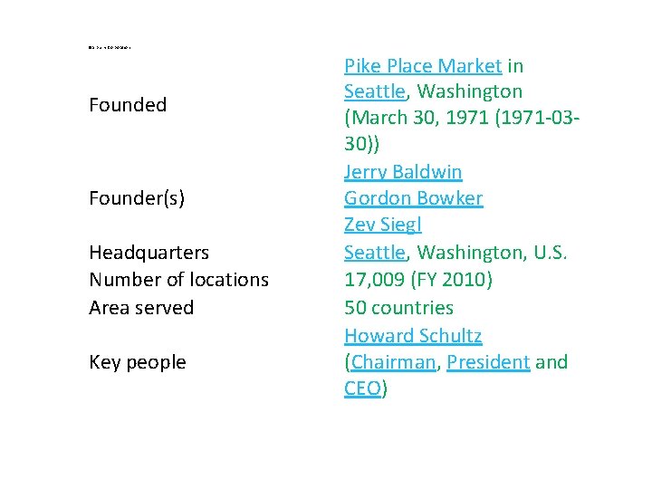 Starbucks Corporation Founded Founder(s) Headquarters Number of locations Area served Key people Pike Place