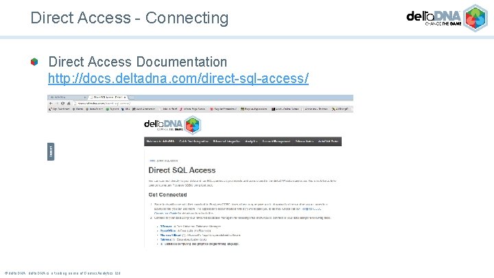 Direct Access - Connecting Direct Access Documentation http: //docs. deltadna. com/direct-sql-access/ ©delta. DNA is