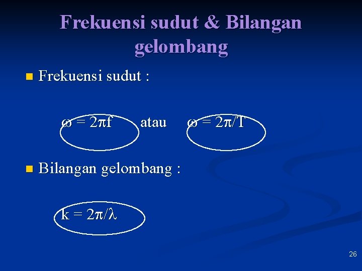 Frekuensi sudut & Bilangan gelombang n Frekuensi sudut : = 2 f n atau