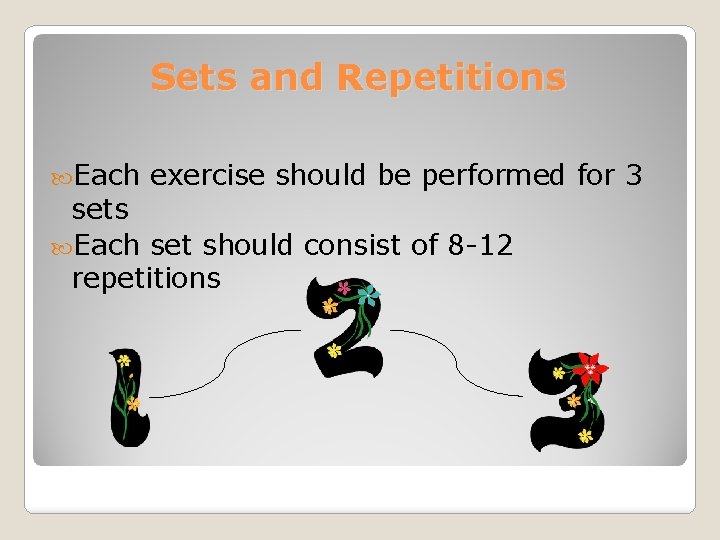 Sets and Repetitions Each exercise should be performed for 3 sets Each set should