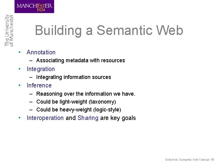 Building a Semantic Web • Annotation – Associating metadata with resources • Integration –