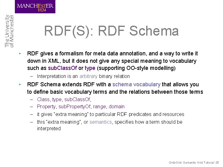 RDF(S): RDF Schema • RDF gives a formalism for meta data annotation, and a