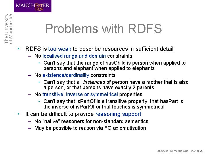 Problems with RDFS • RDFS is too weak to describe resources in sufficient detail