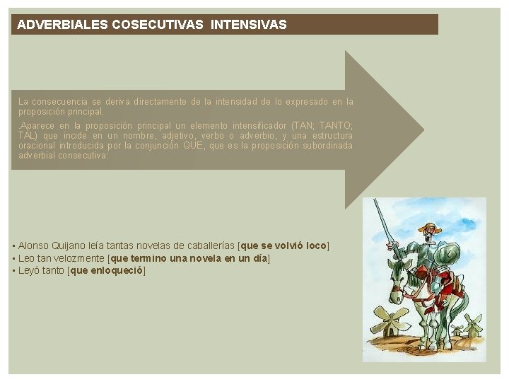 ADVERBIALES COSECUTIVAS INTENSIVAS La consecuencia se deriva directamente de la intensidad de lo expresado