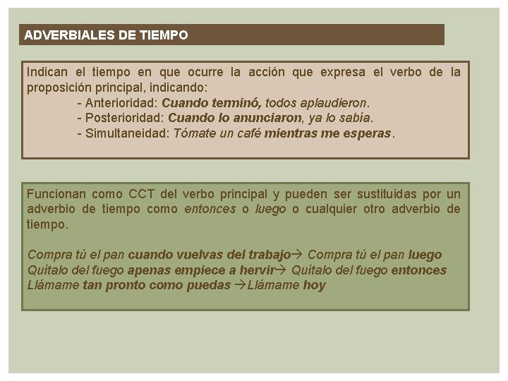 ADVERBIALES DE TIEMPO Indican el tiempo en que ocurre la acción que expresa el