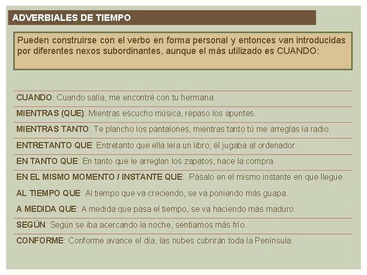 ADVERBIALES DE TIEMPO Pueden construirse con el verbo en forma personal y entonces van