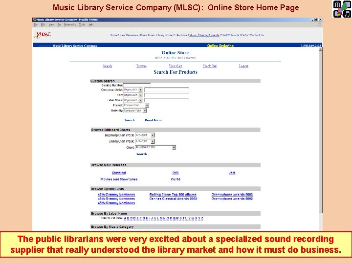 Music Library Service Company (MLSC): Online Store Home Page The public librarians were very