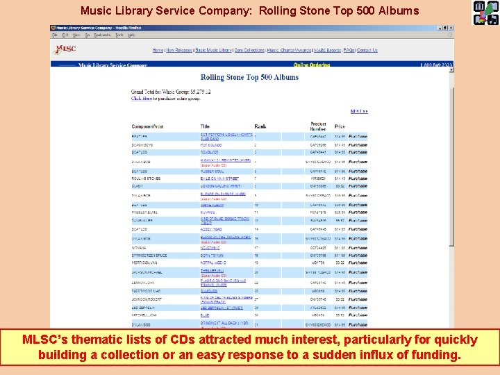 Music Library Service Company: Rolling Stone Top 500 Albums MLSC’s thematic lists of CDs