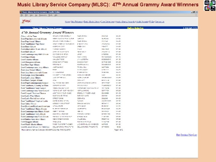 Music Library Service Company (MLSC): 47 th Annual Grammy Award Winnners 