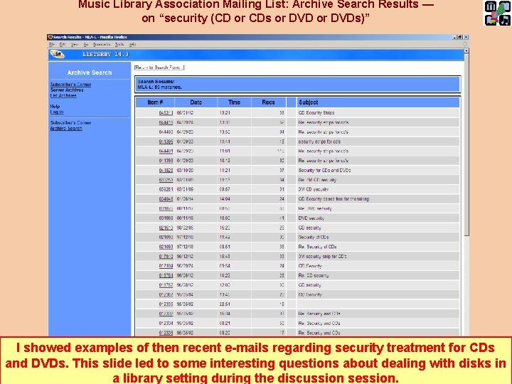 Music Library Association Mailing List: Archive Search Results — on “security (CD or CDs