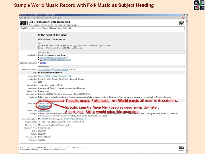 Sample World Music Record with Folk Music as Subject Heading Popular music, Folk music,
