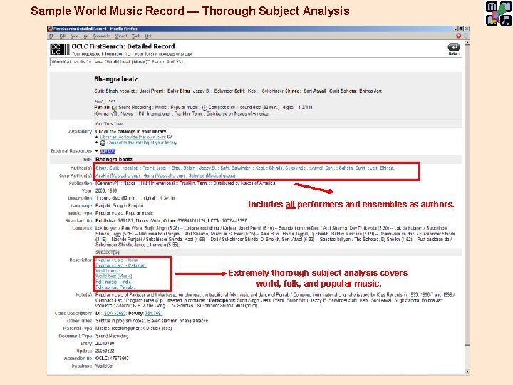 Sample World Music Record — Thorough Subject Analysis Includes all performers and ensembles as