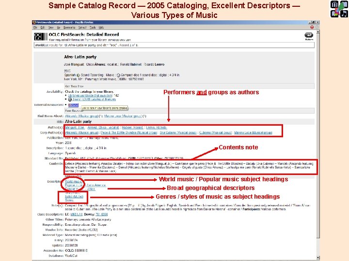 Sample Catalog Record — 2005 Cataloging, Excellent Descriptors — Various Types of Music Performers