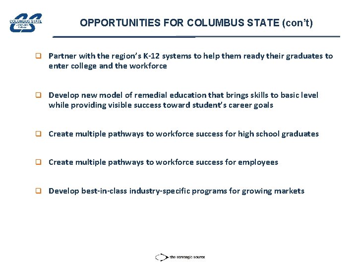 OPPORTUNITIES FOR COLUMBUS STATE (con’t) q Partner with the region’s K-12 systems to help