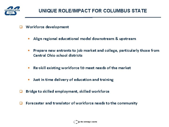 UNIQUE ROLE/IMPACT FOR COLUMBUS STATE q Workforce development § Align regional educational model downstream