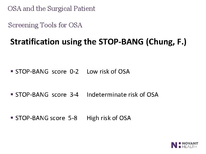 OSA and the Surgical Patient Screening Tools for OSA Stratification using the STOP-BANG (Chung,