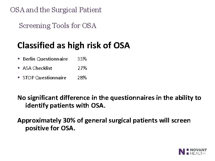 OSA and the Surgical Patient Screening Tools for OSA Classified as high risk of